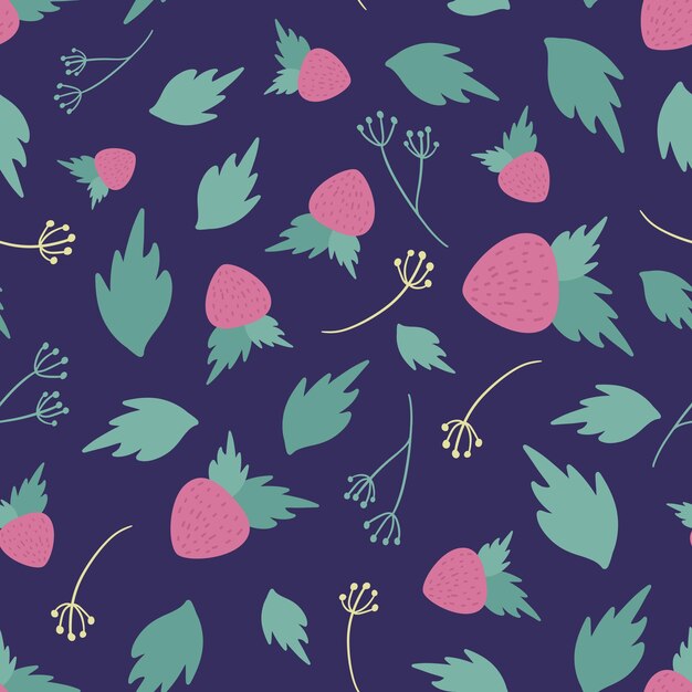 Elegant seamless pattern with leaves and strawberry berries