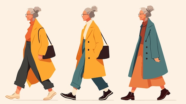 Vector elegant senior woman walking in modern casual clothing