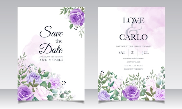 Elegant set of wedding invitation cards with beautiful purple floral