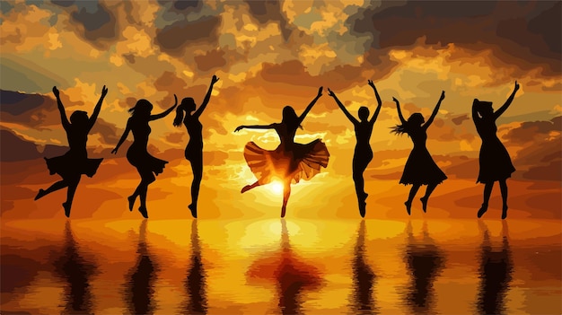 Vector elegant silhouetted dancers performing gracefully in shadow