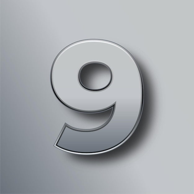 Elegant Silver Metal Number 9 with Gray Background