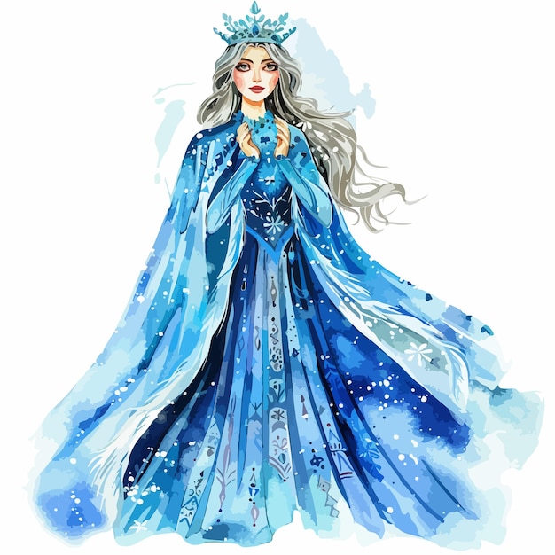 Vector elegant snow queen watercolor clipart on white background