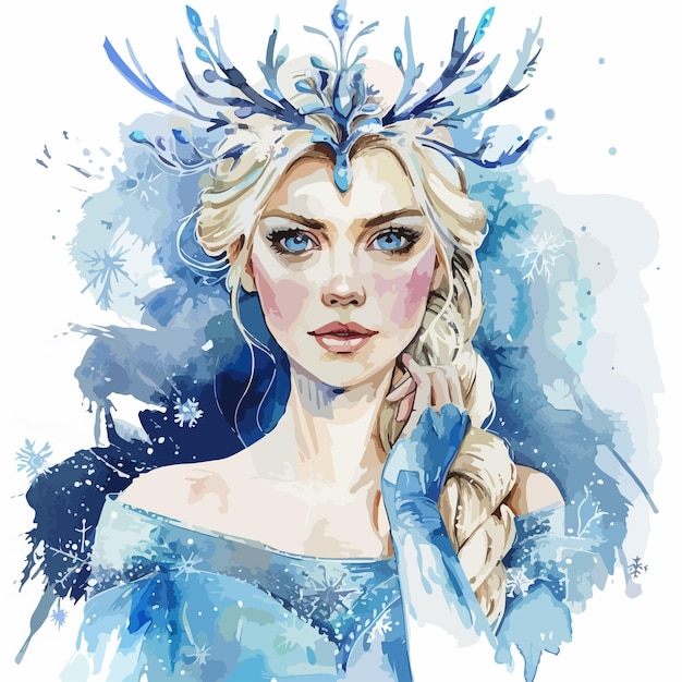 Elegant Snow Queen Watercolor Clipart on White Background