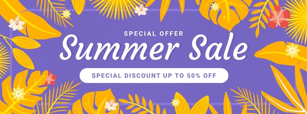 elegant special offer summer sale banner set template with purple and yellow leaf 