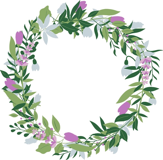 An elegant spring wreath with handdrawn plants leaves and flowers