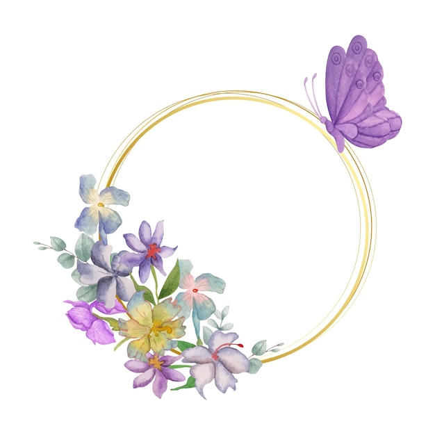 Elegant style watercolor spring flower round frame with butterfly