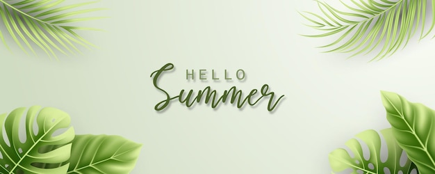 Elegant summer banner with realistic tropical leaves