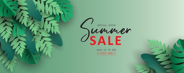 Elegant summer sale banner with tropical leaf theme