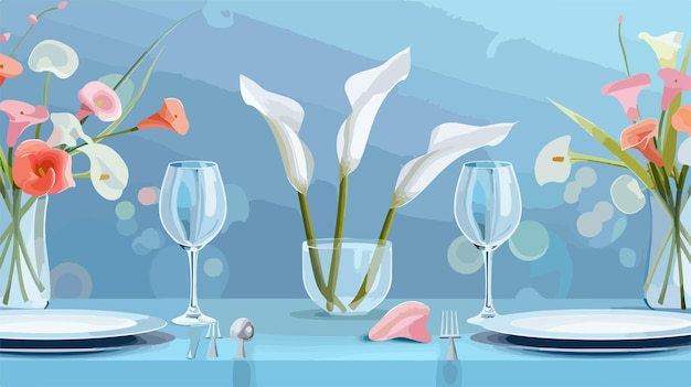 Vector elegant table setting with calla lily on blue background