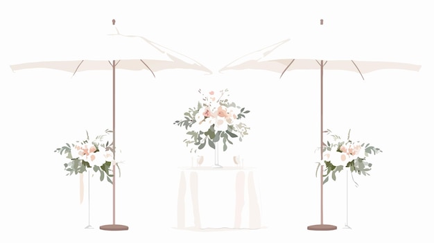 Vector elegant tables under white parasols decorated with delicate flowers