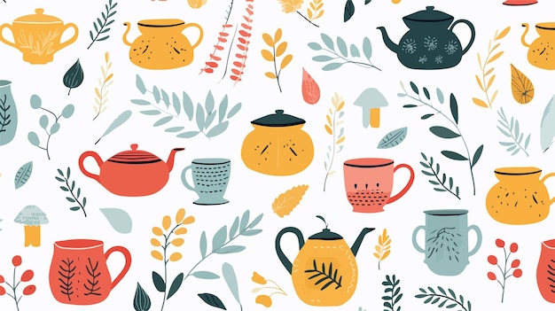 Vector elegant tea seamless pattern with teapots and cups