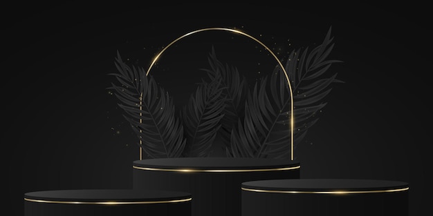 Elegant tropical 3d vector podium with palm tree leaves Gold and black pedestal Fashion scene