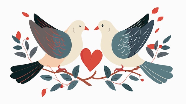 Vector elegant two doves and heart vector illustration on white background