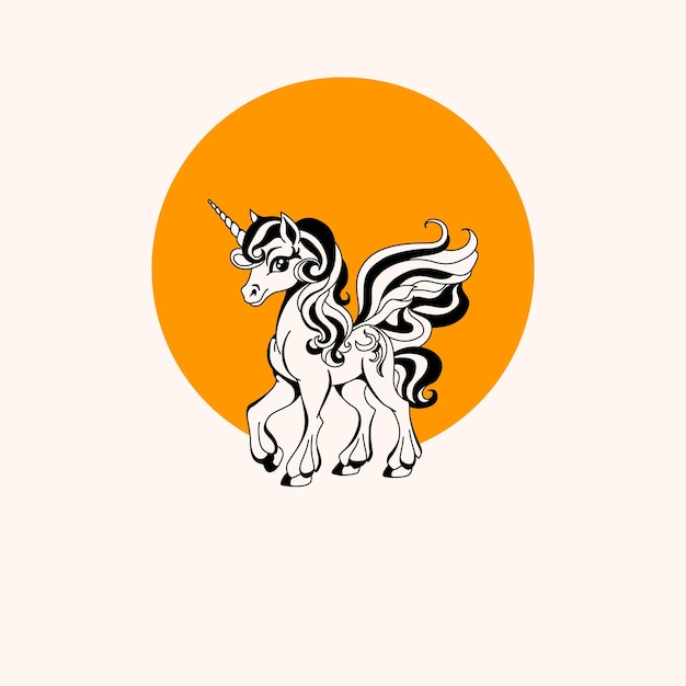 an elegant unicorn silhouette with an orange circle background