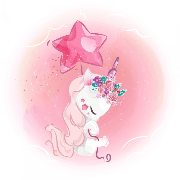 Elegant unicorn with a star balloon in the sky.