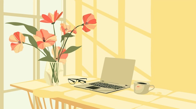 Vector elegant vase with flowers and laptop on table in brightly lit room