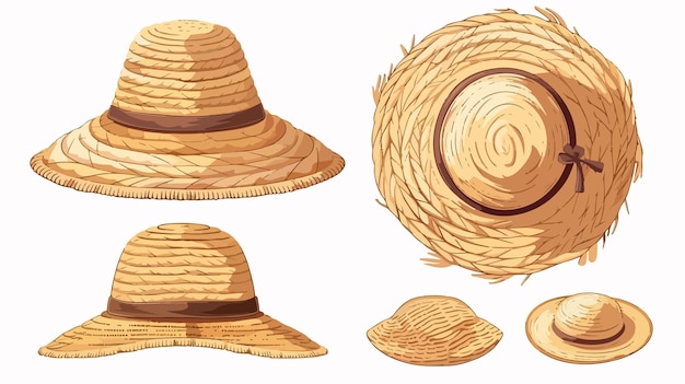 Vector elegant vintage rattan straw womans hat elements illustration