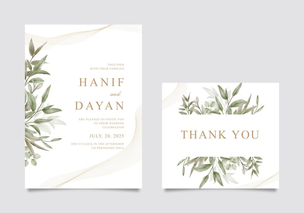 Elegant vintage template wedding invitation card with green leaves