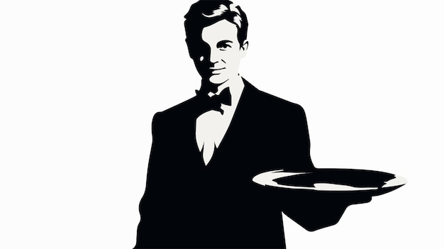 Vector elegant waiter in restaurant silhouette on white background vector illustration