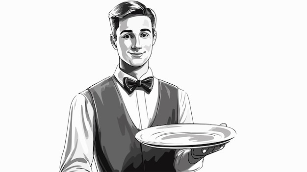 Vector elegant waiter serving man black and white