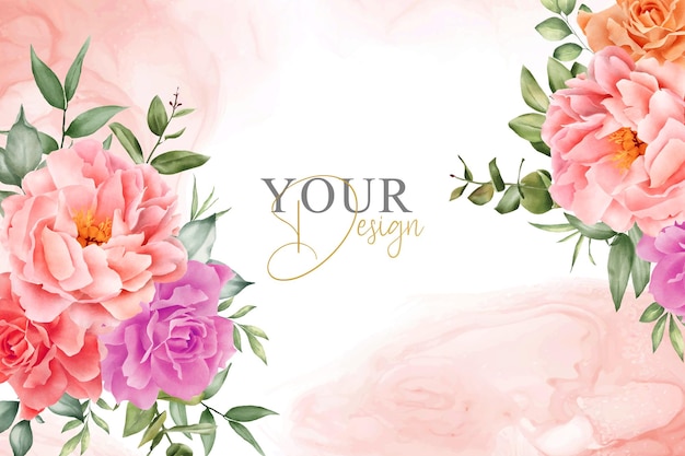 Elegant Watercolor Floral Background Design with Hand Drawn Peony and Leaves