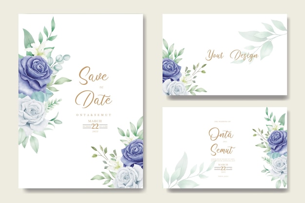 elegant watercolor floral frame wedding stationery with navy blue flower and leaves