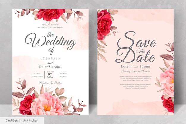 Elegant Watercolor Floral Wedding Invitation Set with Hand Drawn Peony and Leaves