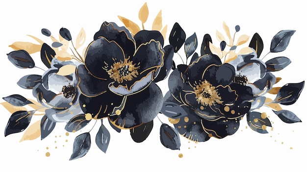 Vector elegant watercolor flowers hand painting in black and gold colors