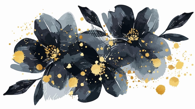 Vector elegant watercolor flowers hand painting in black and gold colors