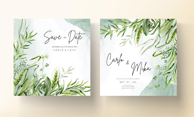 elegant watercolor greenery grass and leaves wedding invitation card set template