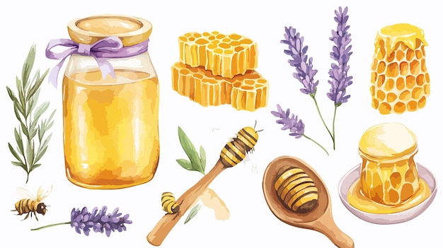 Elegant Watercolor Honey Set in Glass Jars with Golden Sugar