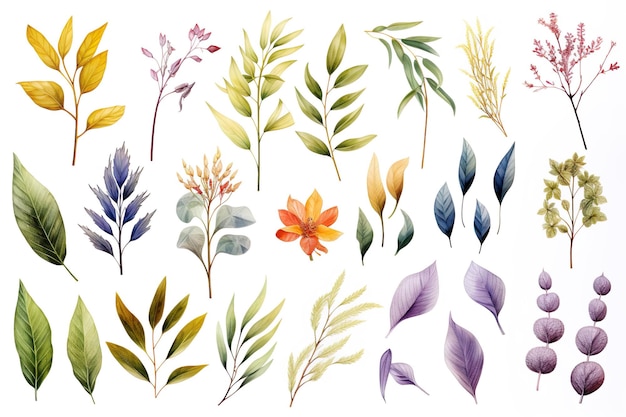 Elegant Watercolor Leaves and Flowers Clipart