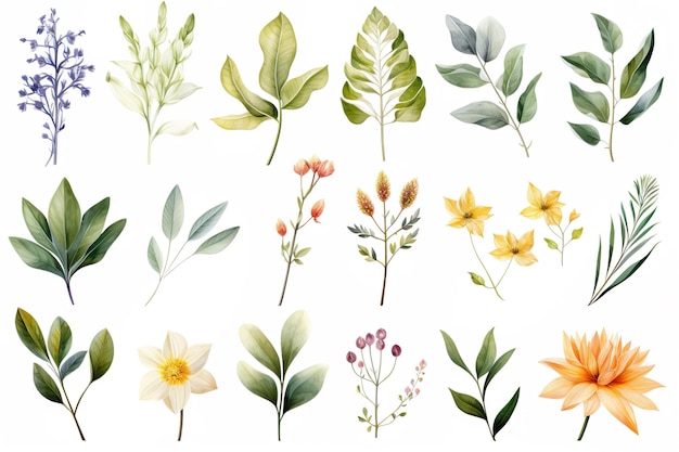 Elegant Watercolor Leaves and Flowers Clipart