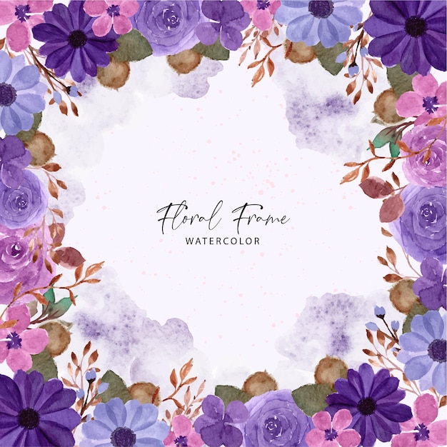 Elegant Watercolor Purple Floral Frame With Abstract Stain Background