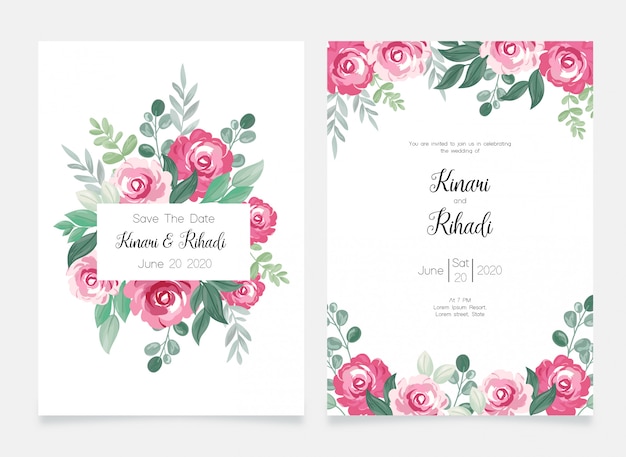 Elegant watercolor rose floral wedding invitation set card template