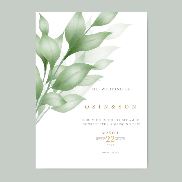 Elegant watercolor wedding invitation card template design with green leaves