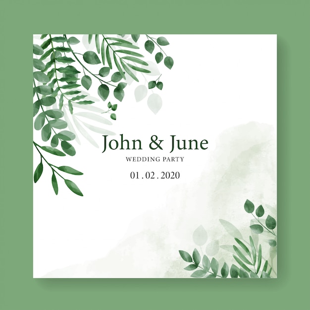 Elegant watercolor wedding invitation card template with beautiful leaves.