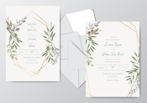 Vector elegant watercolor wedding invitation card with greenery foliage