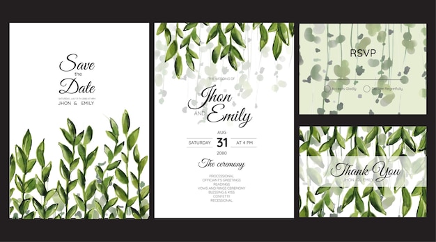 Elegant watercolor wedding invitation card with greenery leaves