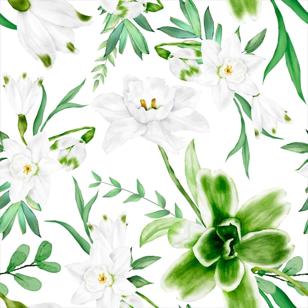 elegant watercolor white flower and green leaves seamless pattern design