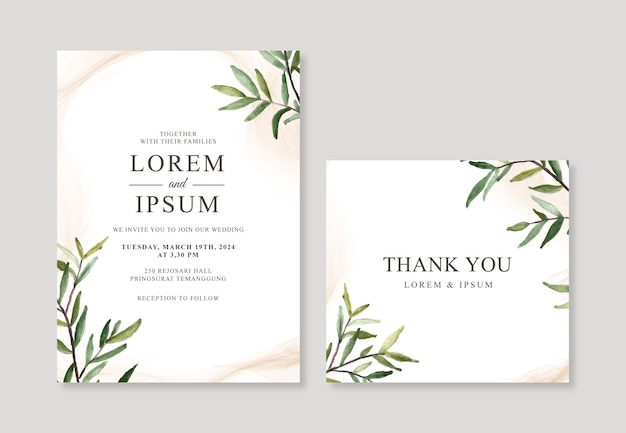 Elegant wedding card invitation template with hand painted watercolor foliage