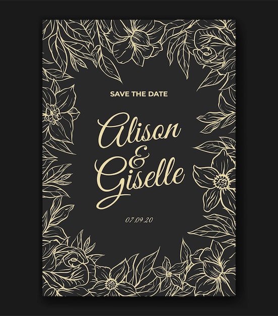 Elegant Wedding Card Invitation With Beautiful Outline Flower Template