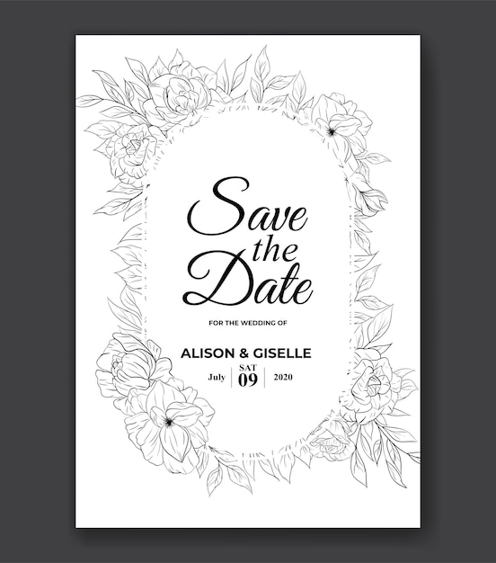 Elegant Wedding Card Invitation With Beautiful Outline Flower Template