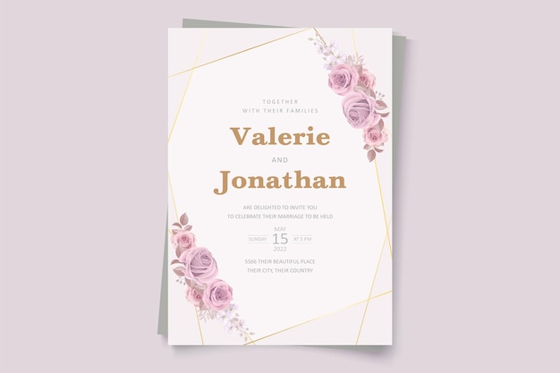 Elegant wedding card template with blooming rose ornament