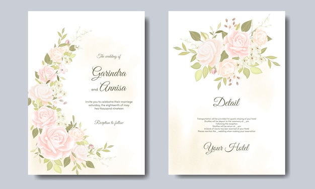 Elegant wedding card with beautiful floral and leaves template Premium Vector