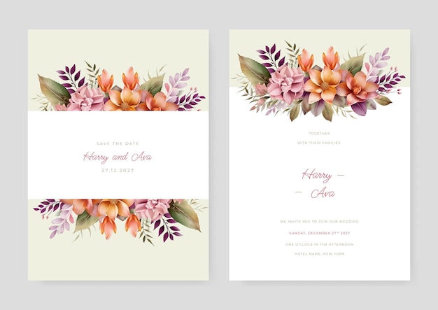 Elegant wedding card with beautiful floral and leaves template