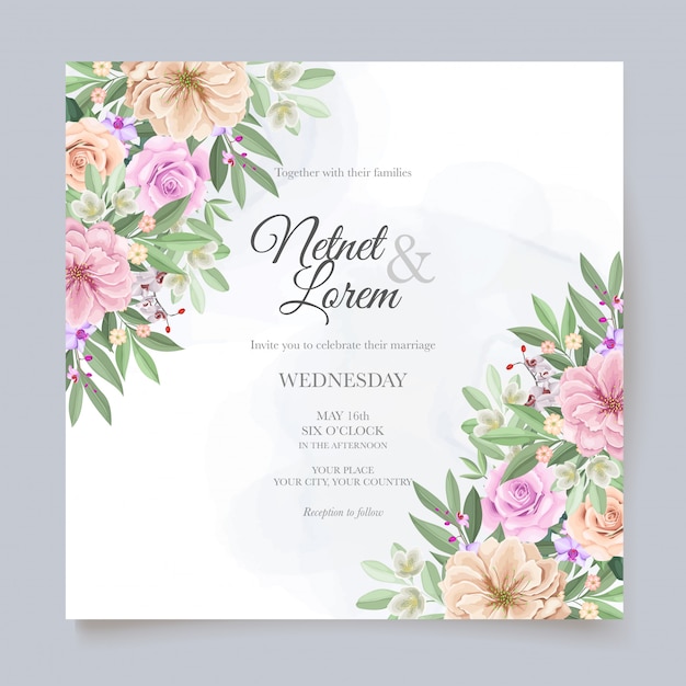 elegant wedding card with beautiful floral and leaves template