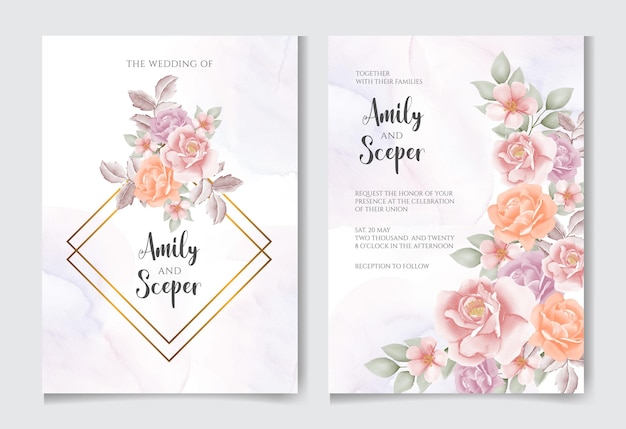 Elegant wedding card with beautiful floral and leaves template