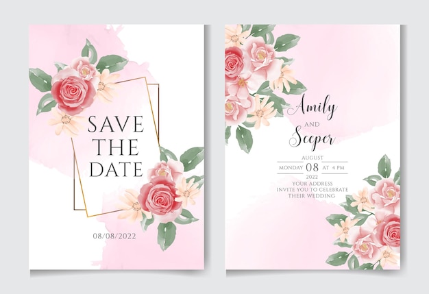 Elegant wedding card with beautiful floral and leaves template