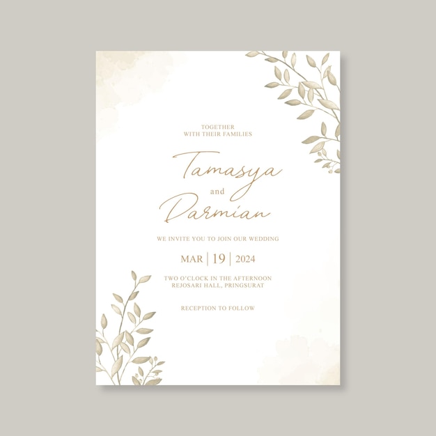 Elegant wedding card with watercolor leaves